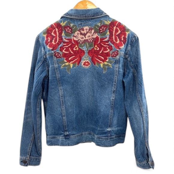 American Eagle Floral Embroidered Denim Jacket Medium Wash Small - Picture 3 of 7